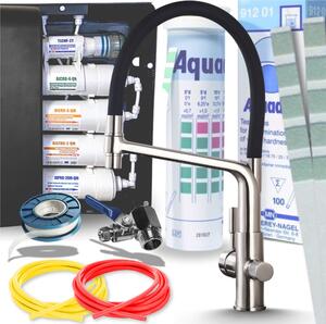 Miscelatore da cucina Ari Flexible a 3 vie in acciaio inossidabile, con getto estraibile e sistema di filtraggio dell'acqua a 5 stadi; filtro per acqua potabile da incasso