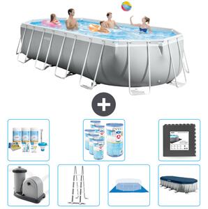 Piscina Intex Oval Prism Frame - 610 x 305 x 122 cm - Grigio - inclusa pompa - scaletta - telo di fondo - pacchetto di manutenzione della copertura - filtro - piastrelle per il pavimento