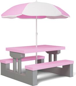 Spielwerk® Set Tavolo e 2 Panche per Bambini con Ombrellone da Giardino Sistema a Incastro in Plastica ABS Rosa Sedie Picnic Esterno Cameretta Interno Bimbi Giochi