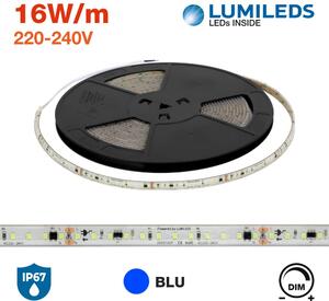 Striscia LED 220V 16W/m chip Philips Lumileds Dimmerabile IP67 10m BLU Colore Blue