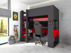 Letto a soppalco gamer + scrivania con LED e vani portaoggetti integrati 90 x 200 cm Antracite e Rosso - NOAH