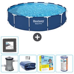 Piscina Bestway Round Steel Pro - 396 x 84 cm - blu - pompa inclusa - tenda da sole - pacchetto manutenzione - filtro - pavimento in piastrelle