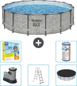 Piscina Bestway Round Steel Pro MAX - stampa su pietra - 488 x 122 cm - inclusa pompa - scala - copertura pacchetto manutenzione - filtro
