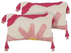 Set di 2 cuscini decorativi rosa e bianchi in cotone 30 x 50 cm Motivo floreale con frange Accessori decorativi Boho Beliani
