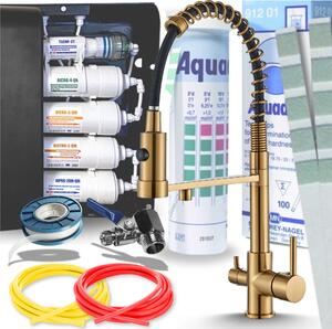 Miscelatore da cucina Ari Solid Spring a 3 vie, finitura oro spazzolato, flessibile, con sistema di filtraggio dell'acqua a 5 stadi e filtro per acqua potabile da incasso
