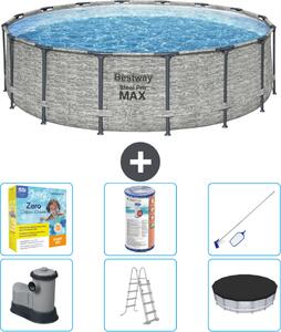 Piscina Bestway Round Steel Pro MAX - stampa su pietra - 488 x 122 cm - inclusa pompa - scala - copertura pacchetto manutenzione - filtro - kit pulizia
