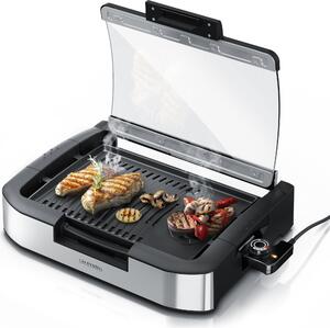 Arendo Gourmet grill da tavolo con copertura in vetro - grill elettrico - barbecue - per bistecche, salsicce, pesce, frutti di mare, verdure, funghi ecc. - per balcone, giardino, interno