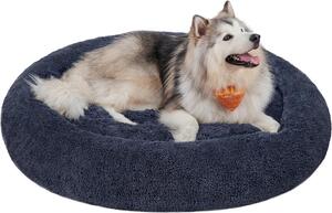 Lettino per cani Feandrea, cestino per gatti, cuscino a ciambella, lavabile, imbottitura centrale rimovibile, peluche lungo, diametro 140 cm, grigio scuro