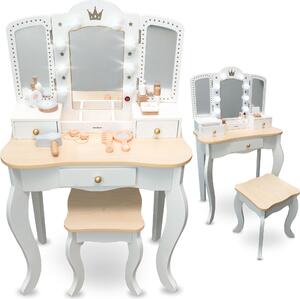 Mamabrum XXL Tavolino da toilette in legno per bambini con sgabello - Illuminazione a LED, specchio a 3 pezzi