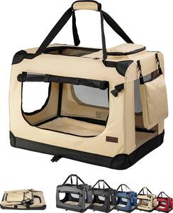 Box da trasporto per gatti in tessuto lionto pieghevole, box da trasporto ventilato con accesso a zip e morbido cuscino interno, 50x34x36 cm, beige