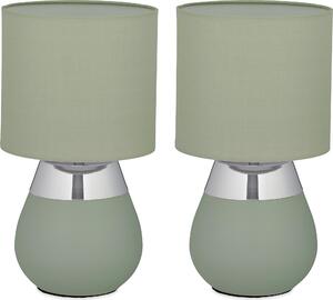 Lampada da tavolo Relaxdays, set da 2, base in metallo, paralume in tessuto, E14, A x P: 32 x 18 cm, lampada da comodino con cavo, verde/argento