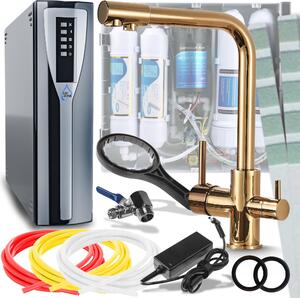 Rubinetto da cucina Ari a 3 vie con collegamento filtro acqua, beccuccio girevole 360 gradi, finitura oro lucido