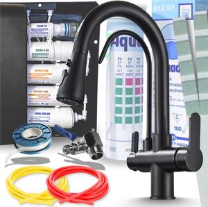Miscelatore da cucina Ari Nordic a 3 vie, nero opaco, estraibile, con sistema di filtraggio dell'acqua a 5 stadi e filtro per acqua potabile da incasso