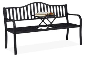 Panchina da giardino Relaxdays con tavolino ribaltabile, a 3 posti, robusta, da giardino, in metallo, per balcone, L x P x A 89 x 150 x 58,5 cm, nera