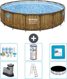 Piscina Bestway Round Power Steel Swim Vista - stampa su legno - 549 x 122 - compresa pompa - scaletta - copertura pacchetto manutenzione - filtro - piastrelle per pavimento