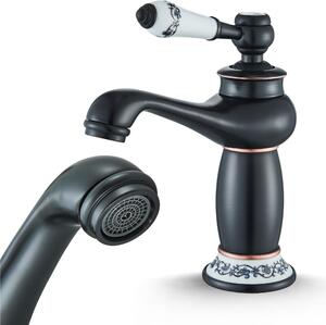 Rubinetto per lavabo, rubinetto da bagno OldCeramic Retro, nero anticato, ad alta pressione, con regolazione della portata e della temperatura dell'acqua