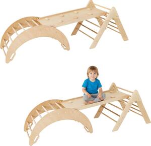 Arco di arrampicata altalena in legno + scivoli bifacciali + triangolo di arrampicata per bambini | parco giochi | giocattoli Montessori | tavola a dondolo
