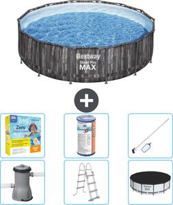 Piscina Bestway Round Steel Pro MAX - stampa legno - 427 x 107 cm - inclusa pompa - scala - copertura pacchetto manutenzione - filtro - kit pulizia