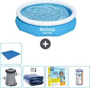 Piscina gonfiabile rotonda Bestway ad ambientazione rapida - 305 x 66 cm - blu - pompa inclusa - tenda da sole - pacchetto manutenzione - filtro - telo di fondo