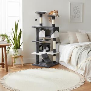Tiragraffi belviona, albero per gatti alto 130 cm con grotte, scale e palline da gioco, robusto ed elegante, grigio/bianco