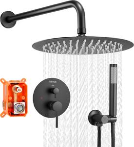VEVOR miscelatore doccia a pioggia per il bagno Sistema doccia con soffione a pioggia rotondo da 203 mm e doccetta, rubinetti da bagno a parete con valvola in ottone e set decorativo, nero opaco