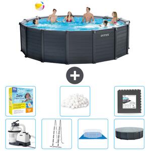 Piscina rotonda Intex con pannello grigio grafite - 478 x 124 cm - inclusa pompa - scaletta - telo di fondo - pacchetto di manutenzione della copertura - sfere filtranti - piastrelle per il pavimento
