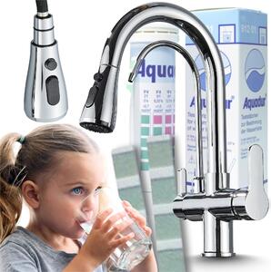 Rubinetto da cucina a 3 vie Ari Nordic con doccetta estraibile, beccuccio girevole 360, per filtro acqua, cromato