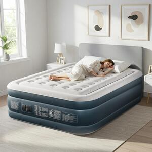 FCH Materasso gonfiabile 2 persone, materasso ad aria con pompa incorporata con morbido fliqué, per campeggio, casa, ospiti, 203 x 153 x 45 cm, bianco e grigio