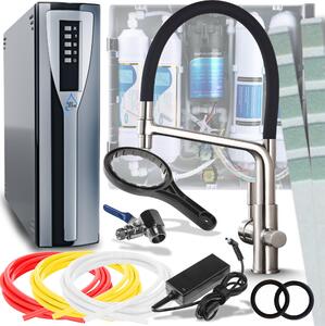 Miscelatore da cucina Ari Flexible a 3 vie in acciaio inossidabile, estraibile a 360°, con filtro per acqua a osmosi inversa RO Pad e sistema di nanofiltrazione da incasso