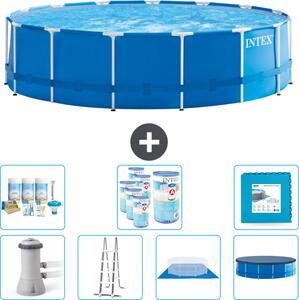 Piscina Intex con struttura rotonda - 457 x 122 cm - blu - compresa pompa - scala - telo di fondo - confezione di manutenzione della copertura - filtro - piastrelle per il pavimento