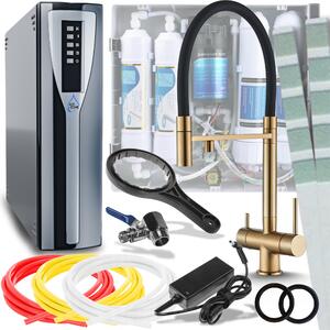 Miscelatore da cucina Ari HighFlex a 3 vie, oro spazzolato, estraibile a 360°, con filtro per acqua a osmosi inversa RO Pad, da incasso sottobanco