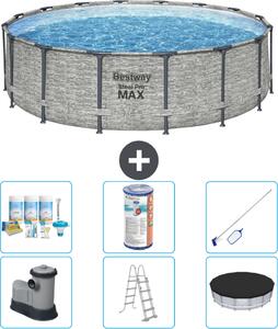 Piscina Bestway Round Steel Pro MAX - stampa su pietra - 488 x 122 cm - inclusa pompa - scala - copertura pacchetto manutenzione - filtro - kit pulizia