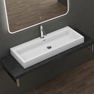 Doporro Lavabo da Appoggio Rettangolare, Lavabo Bagno Sospeso con Foro Rubinetto e Troppopieno, Lavandino in Marmo Resina Bianco Lucido 100x42x10cm, Colossum06