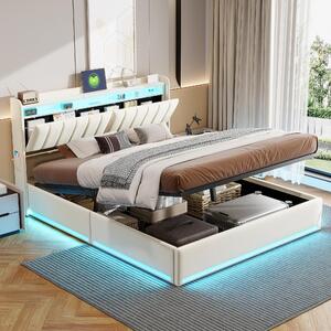 Letto contenitore 140x200 cm - letto matrimoniale contenitore - illuminazione LED - base a doghe - tessuto in velluto - ideale per adulti e adolescenti - Beige