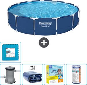 Piscina Bestway Round Steel Pro - 396 x 84 cm - blu - pompa inclusa - tenda da sole - pacchetto manutenzione - filtro - pavimento in piastrelle