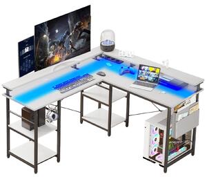 Tavolo da gioco ZELURXX a forma di L con illuminazione LED RGB, con borsa, supporto per doppio monitor, supporto per cuffie e prese, bianco