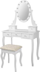 ML-Design tavolo da toilette bianco con illuminazione LED, tavolo da toilette con specchio, sgabello e 5 cassetti, 80x129x40 cm, stile country