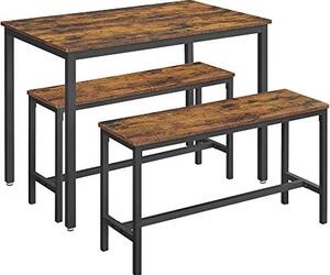 Set da pranzo rustico a 3 pezzi con tavolo e panche con struttura in acciaio dal design industriale