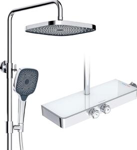 Sistema doccia Rainsworth con termostato e mensola in vetro cromo - Miscelatore doccia completo di doccia a pioggia 26 x 26 cm, doccetta 3 modalità di getto e bocca inferiore - Set doccia a pioggia con miscelatore