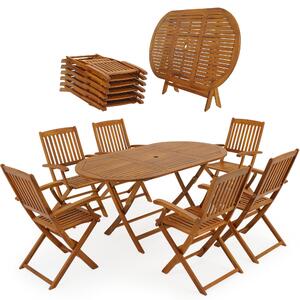 CASARIA® Set 1 Tavolo 6 Sedie da Giardino 160x85 cm in Legno di Acacia Pieghevole Salvaspazio con Foro Ombrellone 7 Pezzi Balcone Terrazza Mobili da Esterno