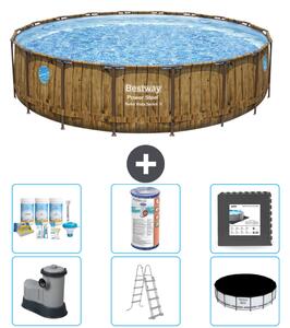 Piscina Bestway Round Power Steel Swim Vista - stampa su legno - 549 x 122 - compresa pompa - scaletta - copertura pacchetto manutenzione - filtro - piastrelle per pavimento