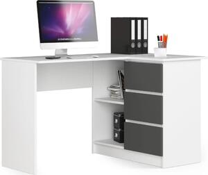 Scrivania Angolare B16 Bianca Grigio Grafite 124 cm con 3 Cassetti e 2 Mensole