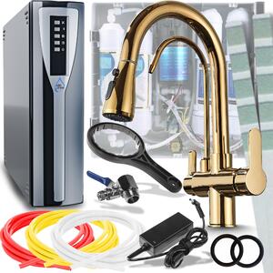 Miscelatore da cucina Ari Nordic a 3 vie, finitura oro lucido, estraibile a 360°, con filtro per acqua a osmosi inversa RO e sistema di nanofiltrazione da incasso sottobanco