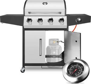 Barbecue a gas - Carrello barbecue 4+1 - Bruciatore laterale - Gas naturale - Acciaio inox - 52.000 BTU - Ampia superficie di griglia - Argento