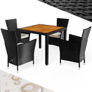 CASARIA® Mobili da Giardino Polyrattan 4 Sedie Impilabili 90x90 cm Tavolo in Legno di Acacia Terrazza Esterno Nero