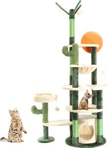 Tiragraffi Fudajo in design cactus verde/beige 172 cm, tiragraffi per gatti con casetta e abbeveratoio, albero per gatti con sisal, mobili per gatti con palline da gioco