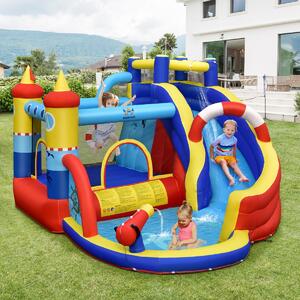 Costway Parco acquatico 6 in 1 con scivolo curvo per cortile, Castello a forma di nave per bambini con piscina
