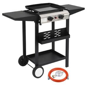 Barbecue a gas FCH con carrello, 2 bruciatori da 5,86 kW, piastra smaltata, termometro integrato e ripiani laterali