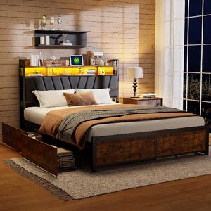 Letto imbottito Fortuna Lai 140*200cm con rete a doghe e testata, letto per ragazzi con led e mensola, letto matrimoniale in metallo, letto contenitore con 4 cassetti, PU, nero