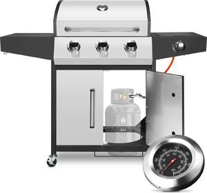 BBQ a gas - 3+1 bruciatori - 24.000 BTU - gas naturale - acciaio inox, smaltato in porcellana - carrello per barbecue con bruciatore laterale e tavolino - argento